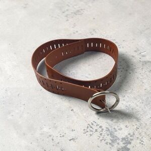 Tan Brown Genuine Leather Wide Cut Out Studded Belt Silver Round Buckle